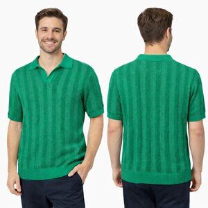 Men's Knit Textured Woven Fuzzy Green Shirt Short Sleeve Jonny Collar Medium